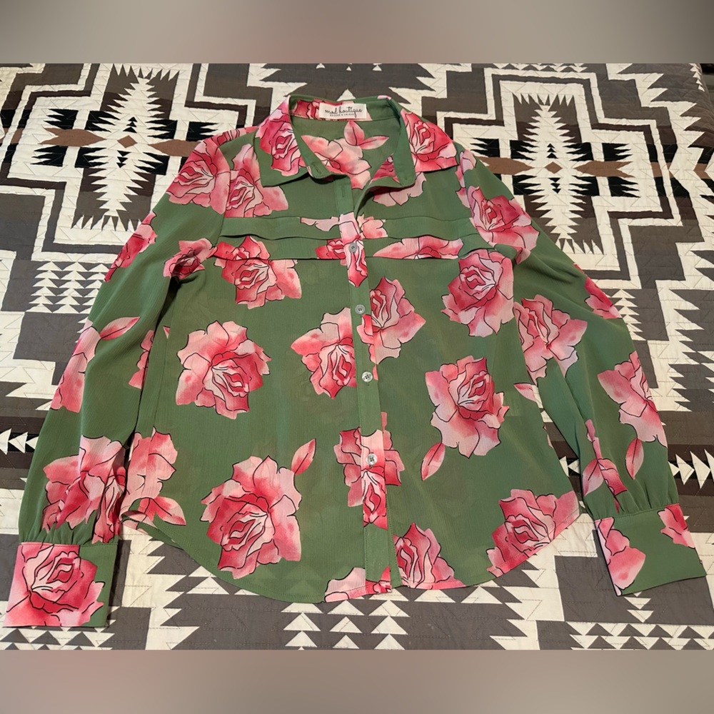 Floral Button Down Shirt - Green and Pink